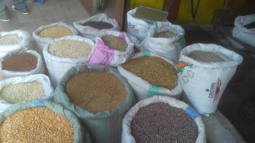 Different types of beans in a market