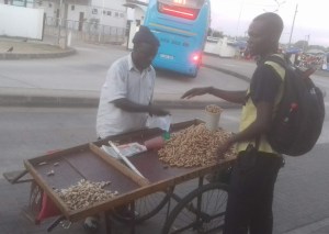 Nuts - one side of cart has raw nuts, the other side has boiled nuts